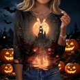 thumbnail image 2 of Shirts for Women Halloween Funny 3/4 Sleeve Tops Horror Pumpkin Castle Printed Pullover Spooky Button V Neck T Shirts Holiday Three Quarter Length Blouses, L, 2 of 6