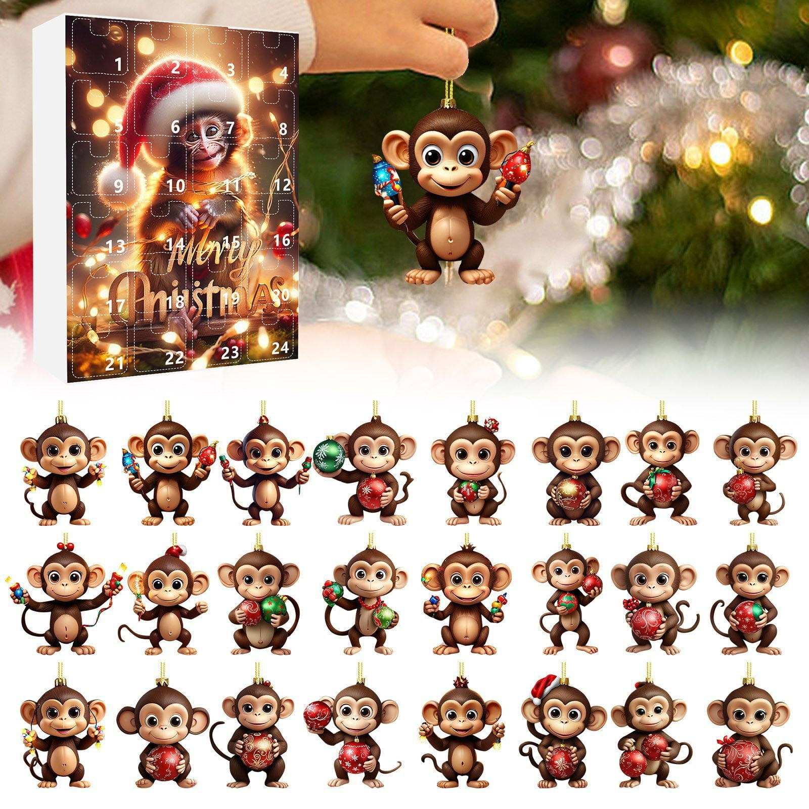 Calendrier De L'Avent Singe De Noël 2024 - 24 Jours Compte à Rebours Avec Ornements Mignons