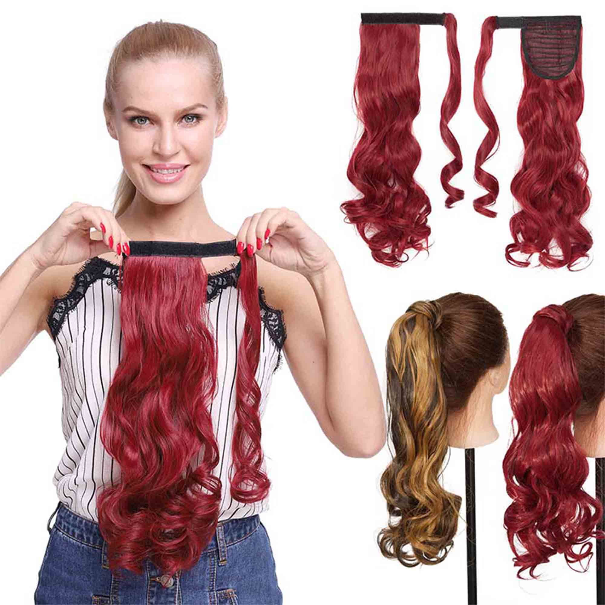 23 Long Straight Wrap Around Ponytail Clip in Hair Extensions One Piece Hairpiece Magic Tape in Pony Tail Extension for Women Wine Red
