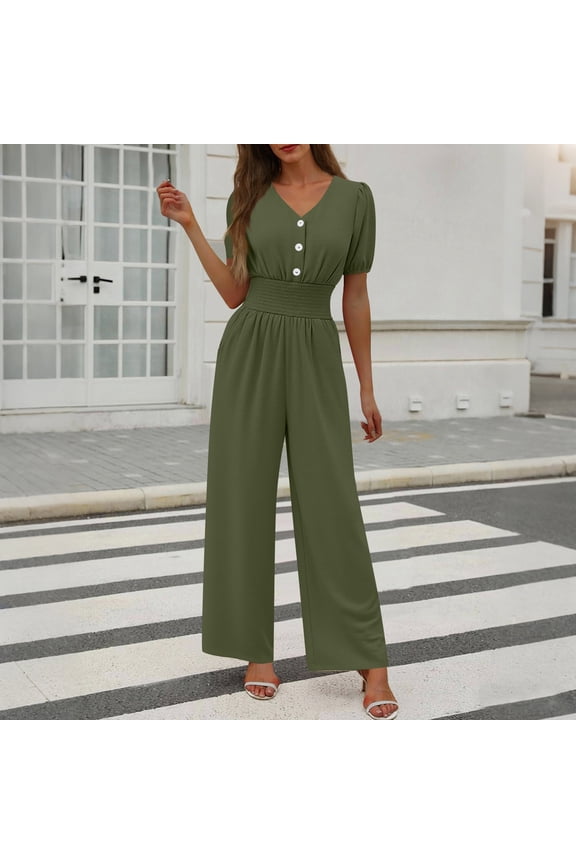 Chic Solid Color Short Sleeve V-Neck Button Front Waist-Defining Smocked Jumpsuit with Wide Leg for Women