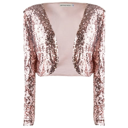 Pink Shrug - Anna-Kaci Womens Shiny Sequin Long Sleeve Glitter Cropped Blazer Bolero Shrug, Mermaid, Large