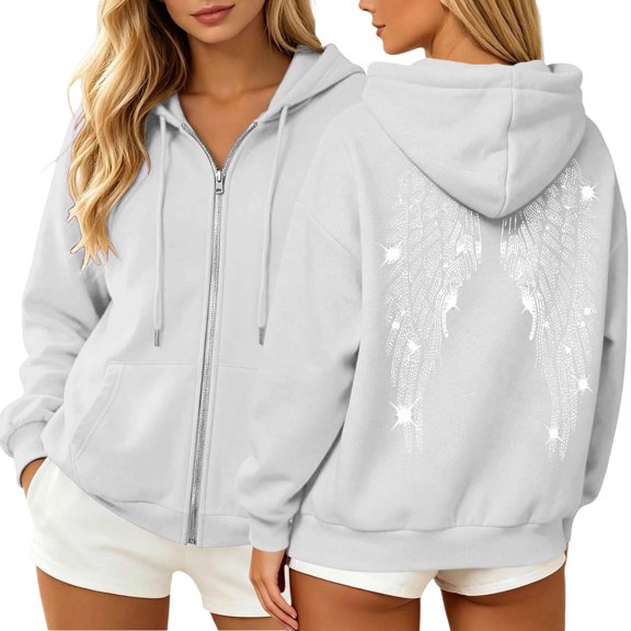 Enjoytime Zip Up Hoodie Women Back Print Long Sleeve Sweatshirt Fall Winter Fashion Trendy Casual Jacket with Pockets