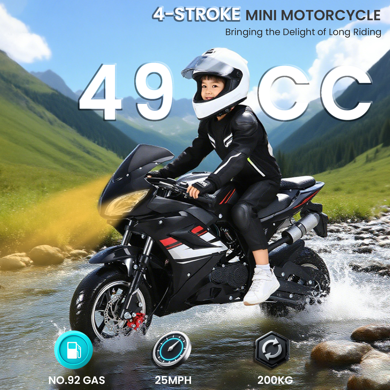 Pocket Rocket Motorcycle - 49cc 4-Stroke Gas with 8" Wheels, Front & Rear Disc Brakes & Headlights
