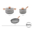 thumbnail image 2 of Juego de 5 Piezas Ollas y Sartén Hudson Aluminio Forjado con Revestimiento Antiadherente, Tapa de Vidrio, Mango Símil Madera, Compatible con Inducción y Lavavajillas, Color Granito, 2 of 11