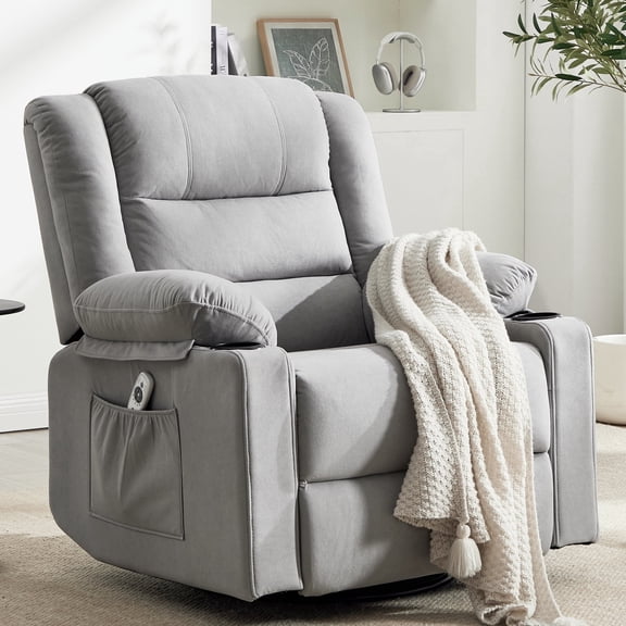 Swivel Rocking Recliner Chair for Adults, Overstuffed Manual Rocker Nursery Recliner Glider, Upholstered Fabric Reclining Single Sofa Chair for Living Room (LightGrey)