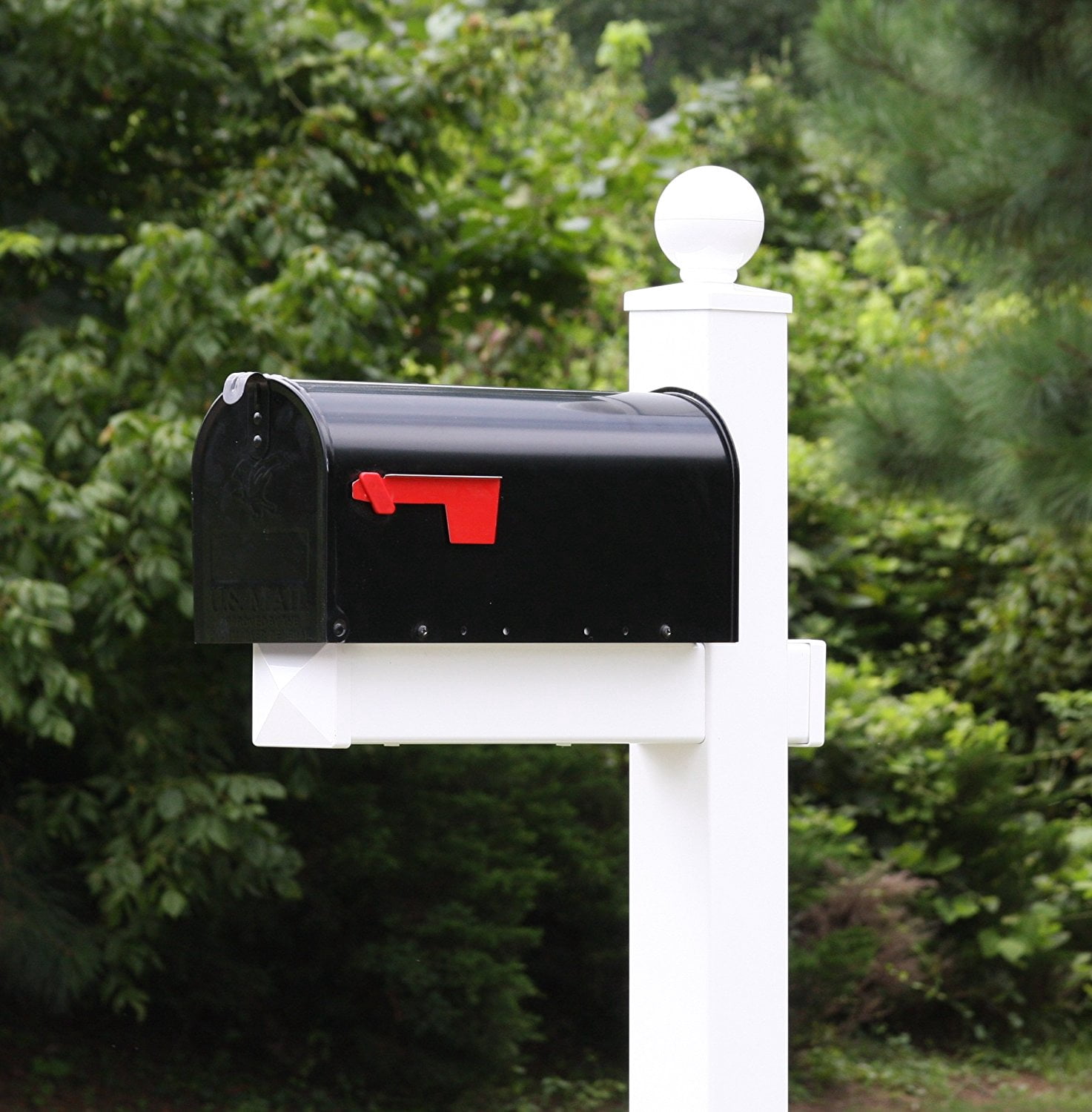 The Washington Mailbox System with White Vinyl Post Combo, Stand, and Black Mailbox Included