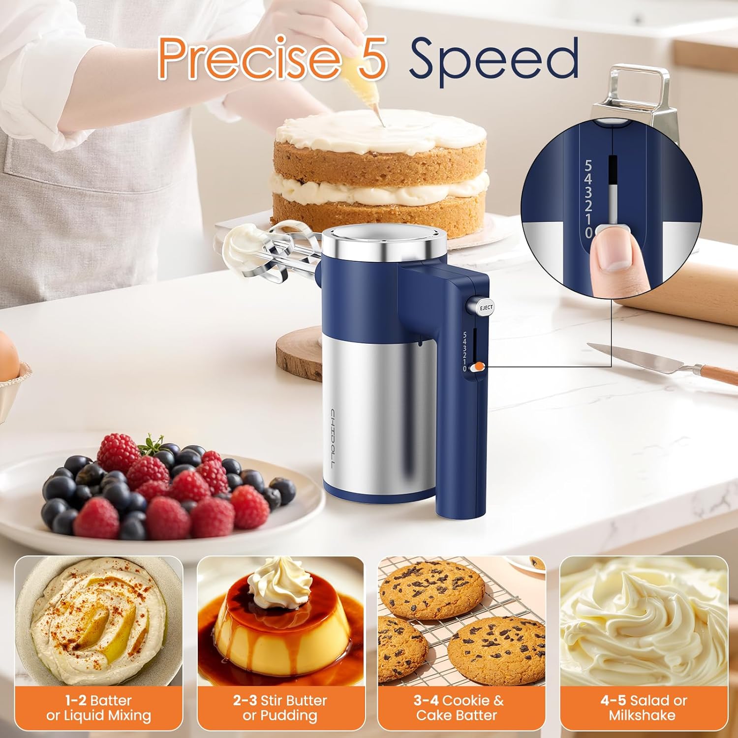 Powerful 600W Hand Mixer, 5-Speed Electric Hand Held Mixer for Baking, Lightweight Stainless Steel Hand Beaters *2 & Dough Hooks*2 with Eject Button, Kitchen Mixer for , Cookies, Dough-Blue