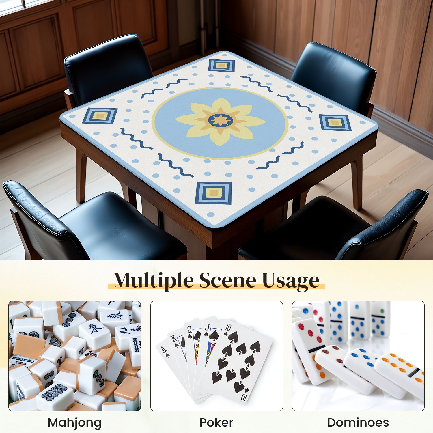 Mahjong Mat 31.5" x 31.5" Abstract Floral Soft Blue Yellow Anti-Slip and Noise Reduction Symmetry Design Mahjong Tiles Table Cover for Dominoes Poker Card Board and Tile Games