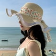 thumbnail image 2 of Ladies Summer Floral Sun Hat Wide Brim Straw Hat with Bow Ribbon for Beach Travel Outdoor Elegant Mesh Design, 2 of 4