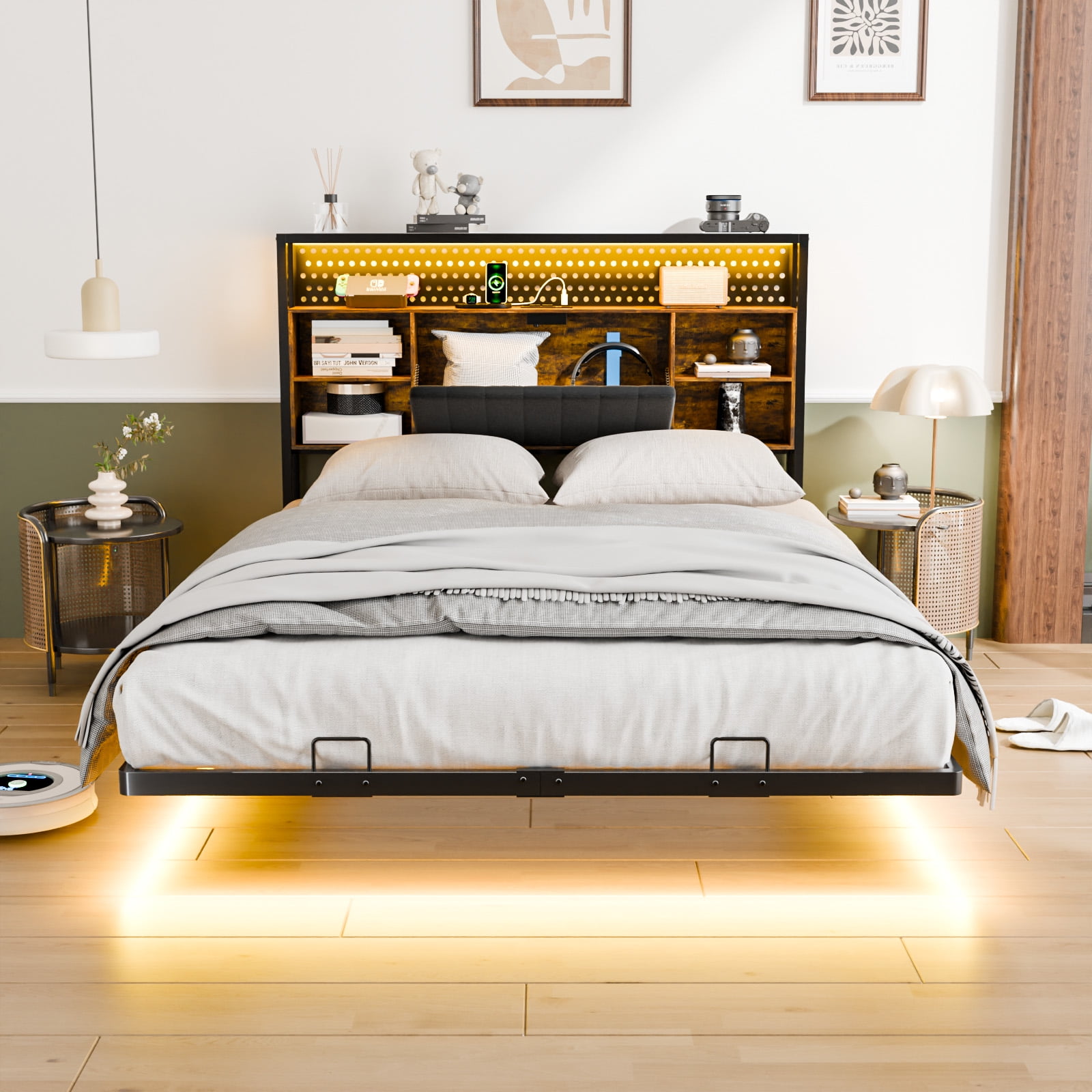 Zimtown Full Floating Bed Frame, Platform Bed with Charging Station, No Box Spring Needed, Black