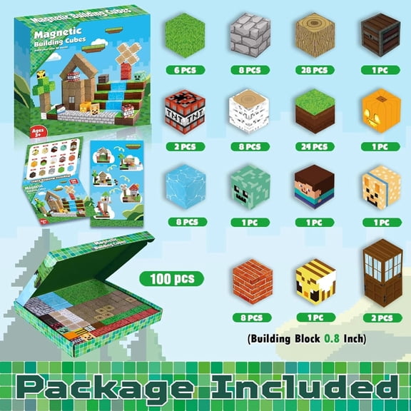 Magnetic Blocks -100PCS Magnetic Building Blocks Magnet Cube Toys Stacking, Build Forest World Set, STEM Montessori Sensory Toys for Kids Boys Girls Age 4 And Up