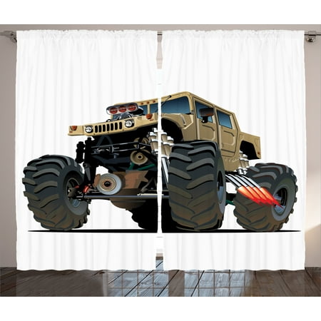 Cartoon Curtains 2 Panels Set Extremely Large Giant Monster Pickup Truck With Huge With Oversized Tires Racing Illustration Living Room Bedroom
