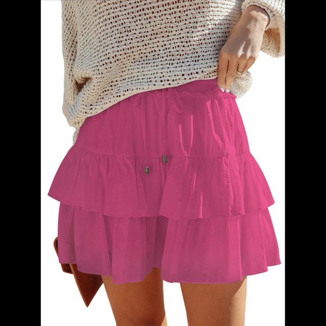 Falda Pantalón Estilo Bohemio con Volantes y para Mujer, Estilo Informal, de Cintura Alta, Color Rojo Rosa, Talla L