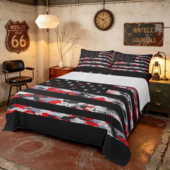 Manfei Grunge Red Gray Camo American Flag Queen Sheets, Bold Tactical Fourth of July Queen Sheet Sets, Black Reversible 4pcs (1 Flat Sheet, 1 Fitted Sheet and 2 Pillowcases)