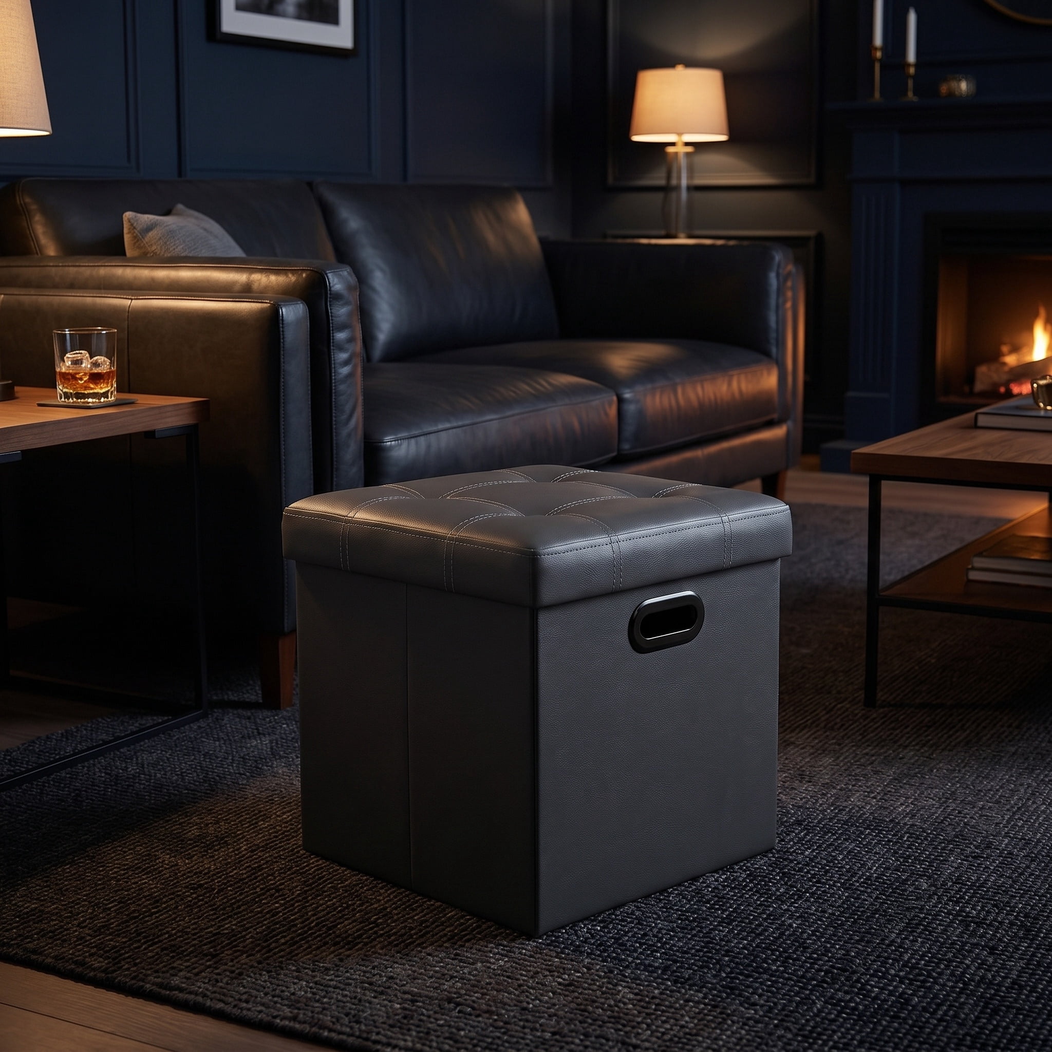 Nordic Hygge 15-Inch Storage Ottoman, Dark Gray Synthetic Leather