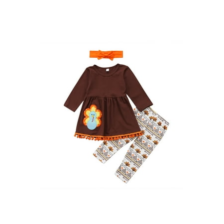 

JBEELATE 3Pcs Thanksgiving Turkey Outfits for Toddler Girls Turkey Printed Long Sleeve Dress Top+Pants+Bowknot Headband