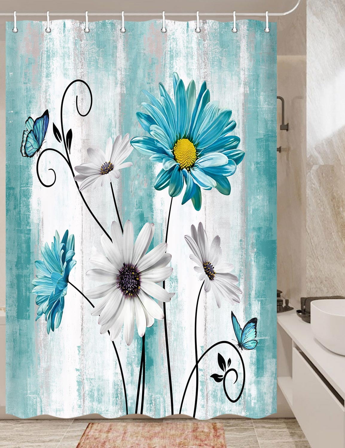 Rustic Daisy Shower Curtain Set Daisy Floral Butterfly Daisy Country