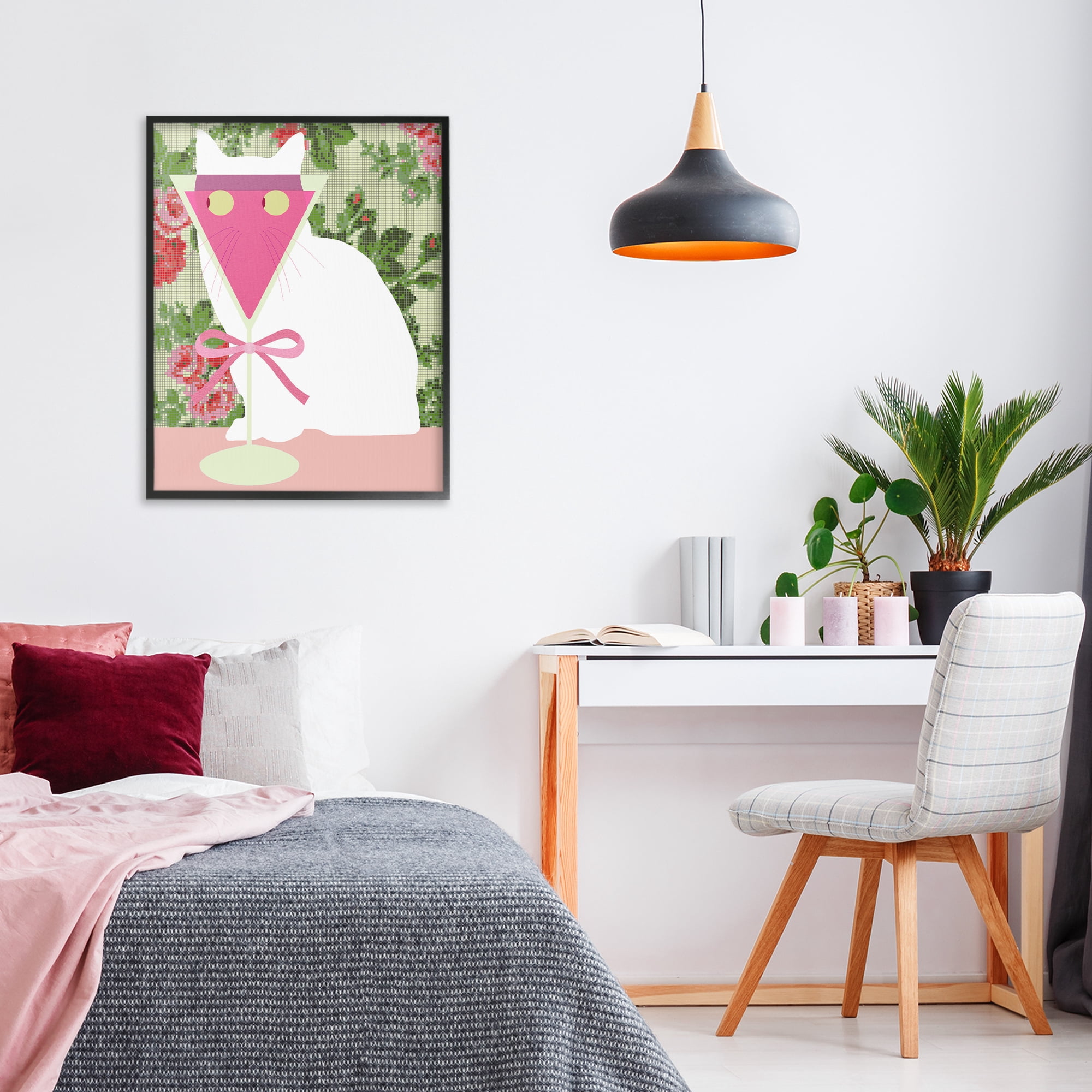 Stupell Industries White Cat with Pink Martini Black Framed Giclee Art, design by Lil' Rue