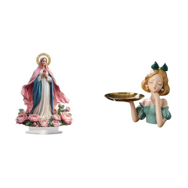 Escultura de la escena de la Natividad,Adorno acrílico 2D de pie,Centro de mesa decorativo con escena de la Natividad en acrílico,Bandeja para llaves,Figura de niña de resina,estatua,bandeja