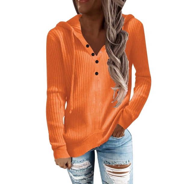 Gibobby Suéteres mujer, Suéter casual de manga larga con cuello en V para mujer(Naranja,G)