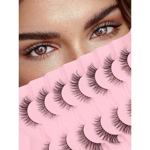 Eyelashes Natural Cat Eye Lashes 15mm Wispy Eyelashes Flared Fluffy Strip Lashes 0.1MM Thin Band False Eyelashes C Curl Lashes Siligli Eye Lashes Pack 7 Pair C63