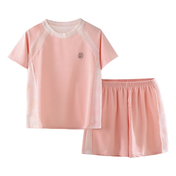 larppty Kids Summer 2-Piece Pajama Set, Ice Silk Feel Mesh Short Sleeve T-Shirt & Shorts, Breathable Quick-Dry Sleepwear（Pink, 17-18 Years）