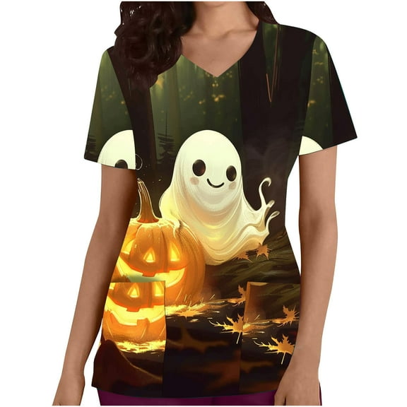 VKOYWKM Halloween Scrubs Women Short Sleeve V Neck Loose Fit Nurse Uniforms Pumpkin Ghost Graphic Working Uniforms Holiday Spooky Tops with Pockets