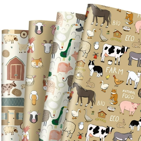 AnyDesign 12 Sheet PresNok Farmhouse Wrapping Paper Farm Animal Theme Gift Wrap Paper Bulk Folded Flat Retro Cartoon DIY Craft Paper for Birthday Holiday Party Supplies, 19.7 x 27.6 In