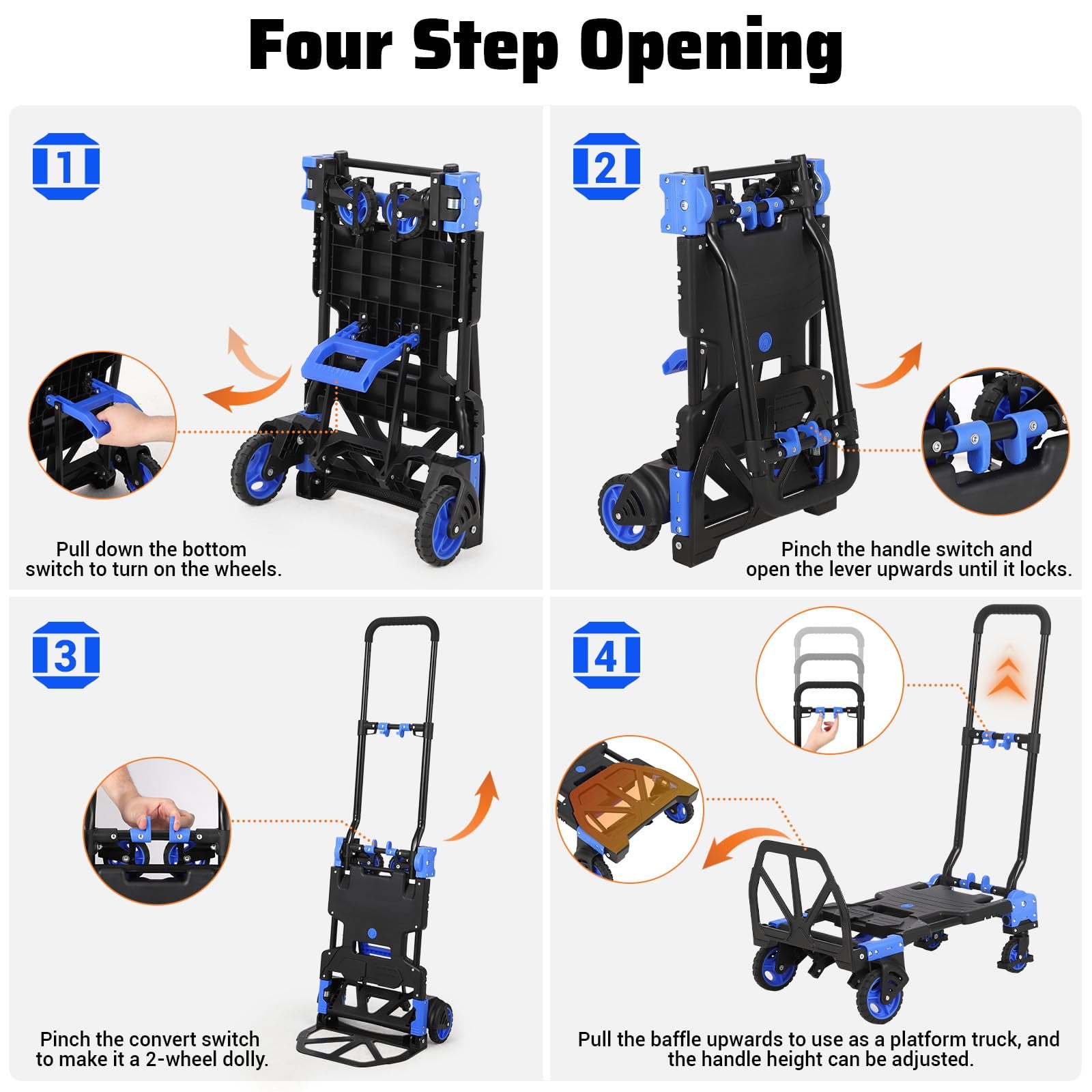 Danolapsi 2 in 1 Folding Hand Truck Dolly, Convertible Hand Truck with Foldable Basket, Portable Dolly Cart with Wheels, Retractable Handtruck Dolly for Luggage, Travel, Office