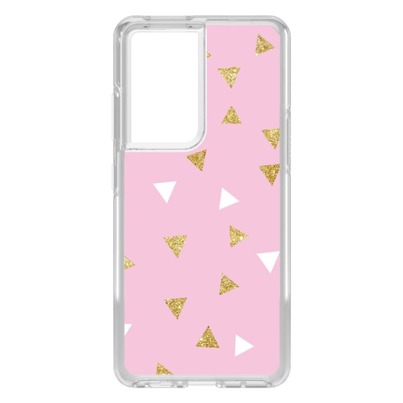 DistinctInk Clear Shockproof Hybrid Case for Galaxy S21 ULTRA 5G (6.8" Screen) - TPU Bumper, Acrylic Back, Tempered Glass Screen Protector - Pink & Gold Print - Triangles Pattern