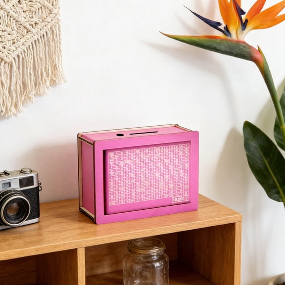 Wooden Money Saving Box, Cash Vault Savings Box for $3000 Target Money Saving Challenge, Piggy Bank Reusable Money Box with Counter, Dry Erase Pen Best Gift for Kids Adult Friends(Pink)
