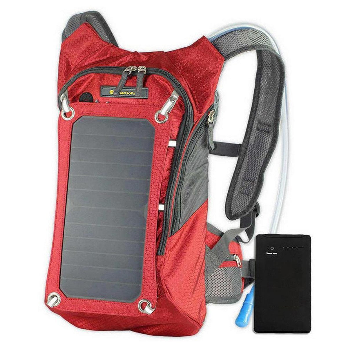 Red Solar Powered 1.8 Liter Hydration Backpack / 7 Watt Solar Panel and