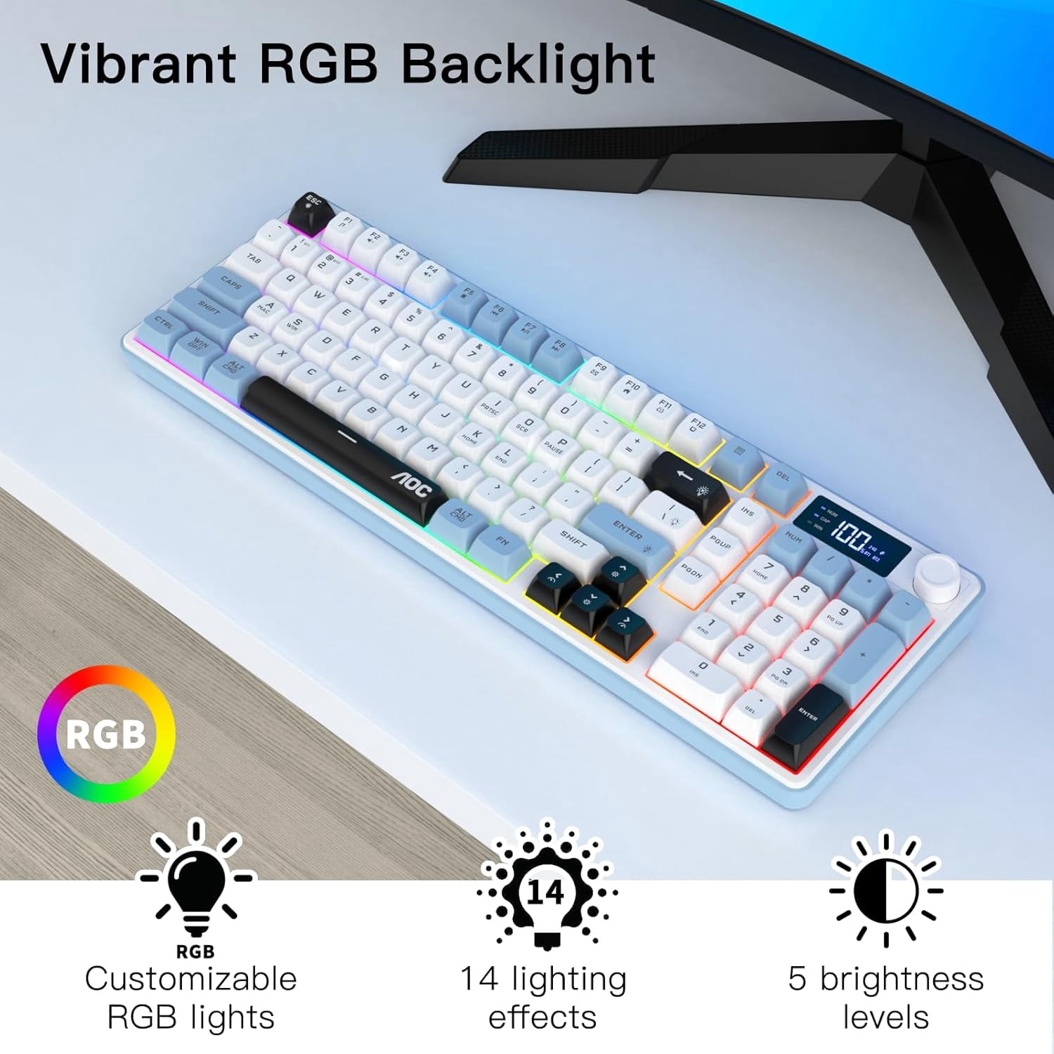 AOC Wireless Gaming Keyboard with Smart Display & Knob Control, Tri-Mode BT/2.4G/USB-C RGB Backlit Creamy Keyboard with Number Pad, Anti-Ghosting Keys, Compatible for Windows Mac