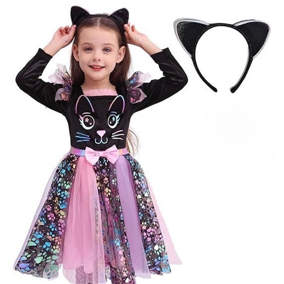 Tisuna Girls Halloween Dress Up Outfit Set Stylish Fit Cartoon Cat Print Long Sleeve Dresses With Matching Outfits 3 Pieces Halloween Festival Party Clothes Set For Age 2-12 Years