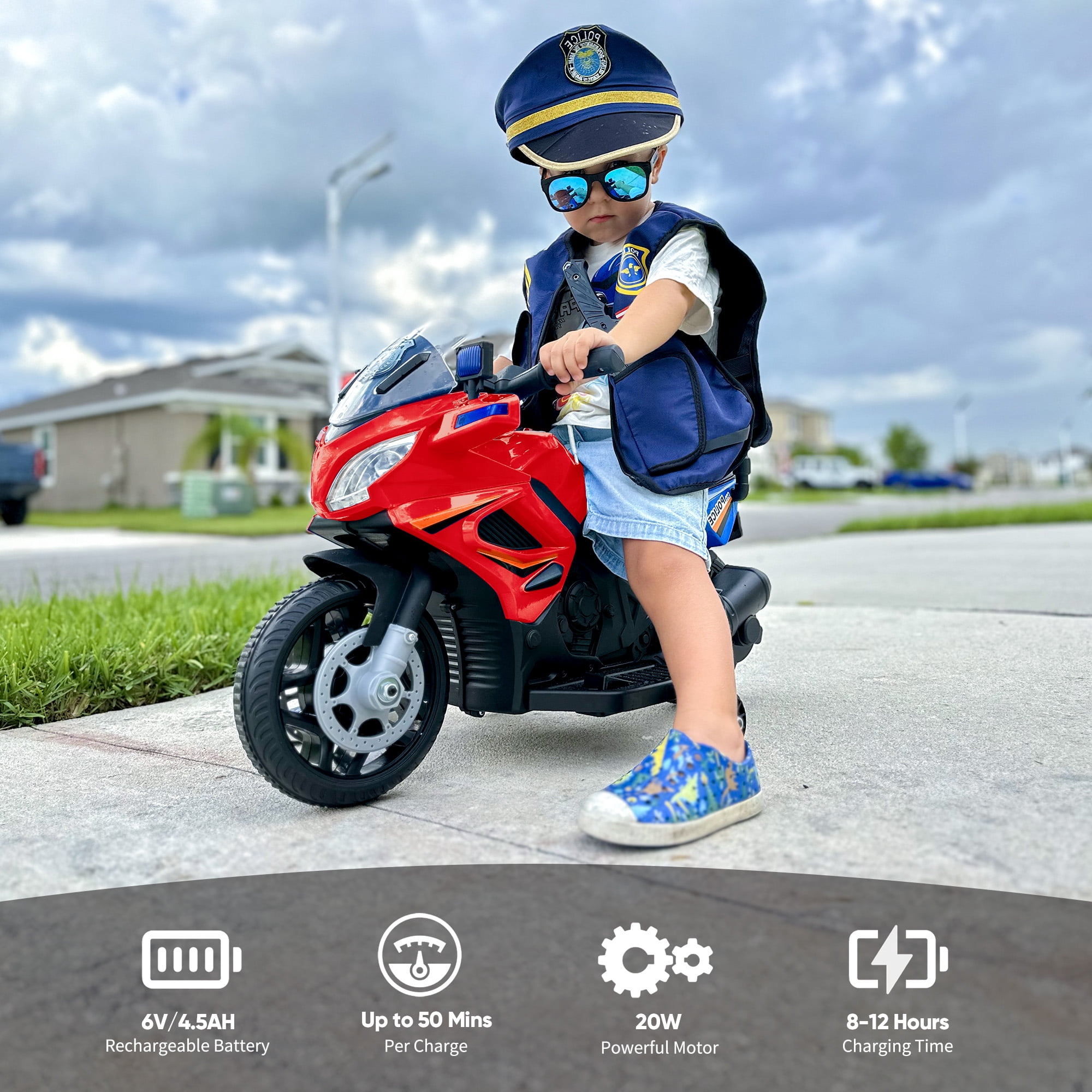 Hikiddo 6V Kids Motorcycle, Electric Ride on Toys Police Motorcycle for Toddlers with Music, Training Wheels