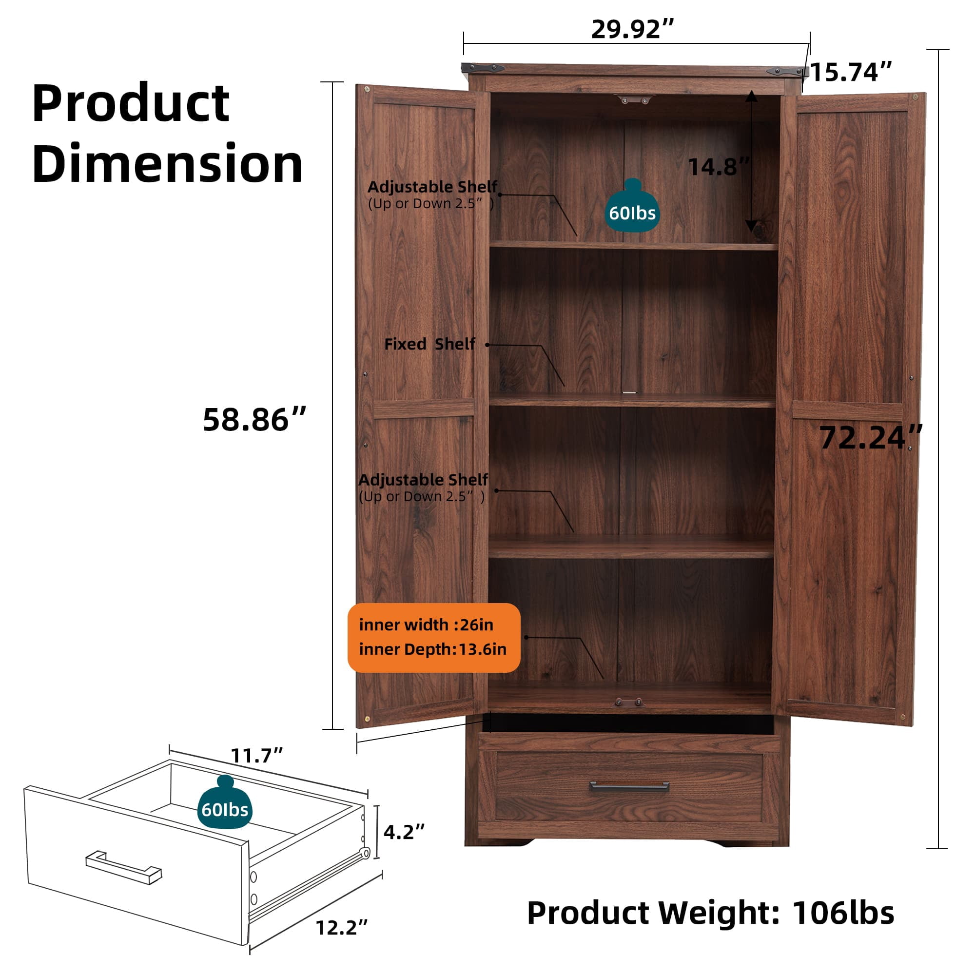 ACCOHOHO Pantry Cabinet, 72" Tall Farmhouse Storage Cabinet with Adjustable Shelves & 1 Drawer for for Kitchen, Dining Room, Rustic Brown
