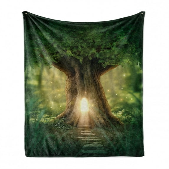 Spring Soft Flannel Fleece Throw Blanket, Tree of Life Themed Arrangement with Thirving Jungle Season Nature Print, Cozy Plush for Indoor and Outdoor Use, 50" x 70", Green Pale Yellow, by Ambesonne