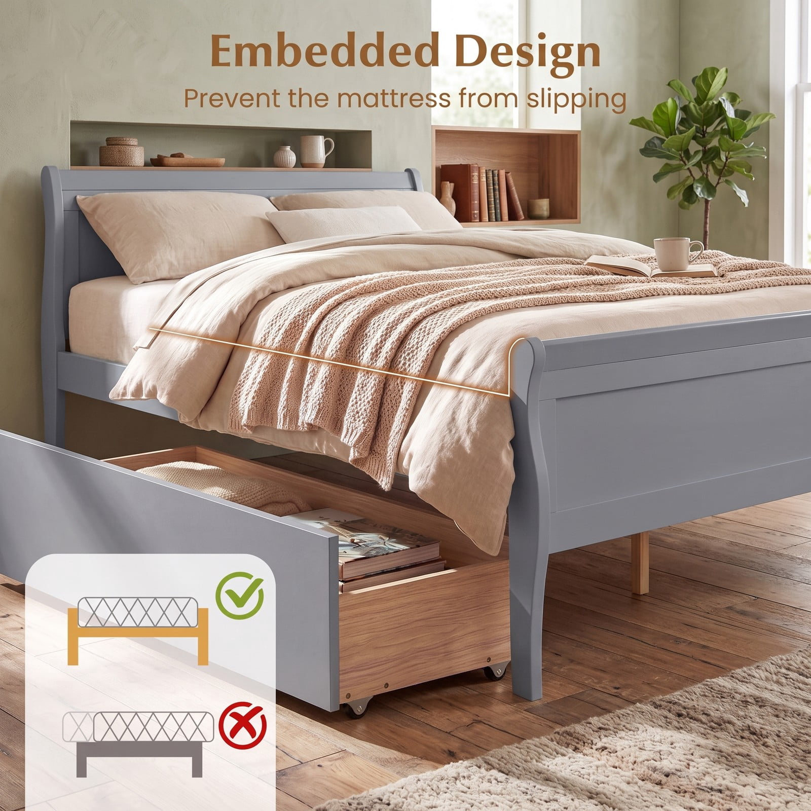 Furnibear Full Size Bed Frame with Storage, Wood Platform Bed with 2 Storage Drawers, Panel Headboard and Footboard, Gray