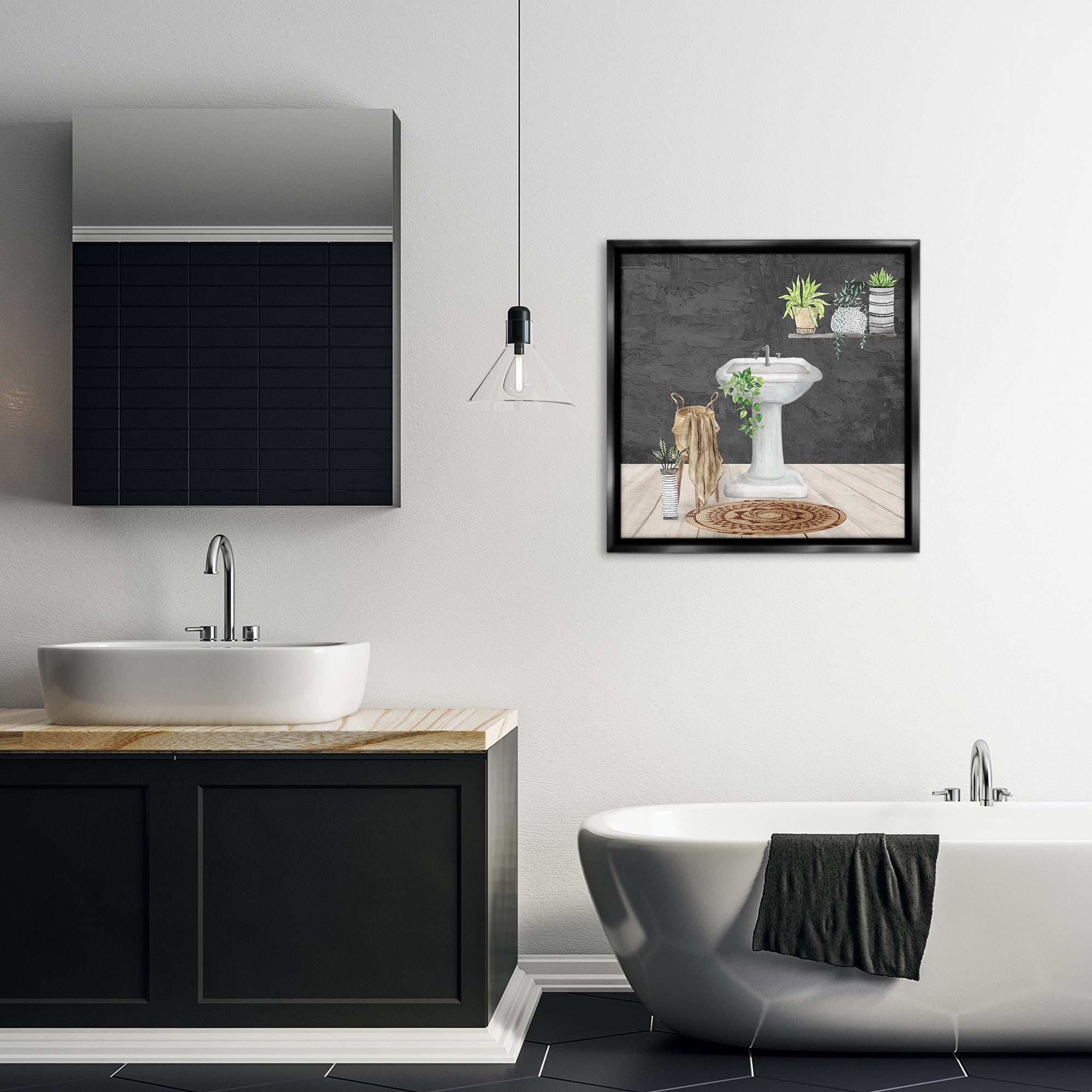 Stupell Industries Relaxing Bathroom View Bath & Laundry Painting Black Floater Framed Canvas Art Print Wall Art, 25 x 25