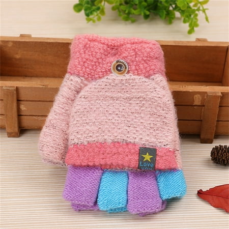 

kpoplk Kid Boy Girl Toddler Soft Convertible Flip Top Color Block Gloves Kids Baby Boys Girls Winter Warm Knit(Pink)
