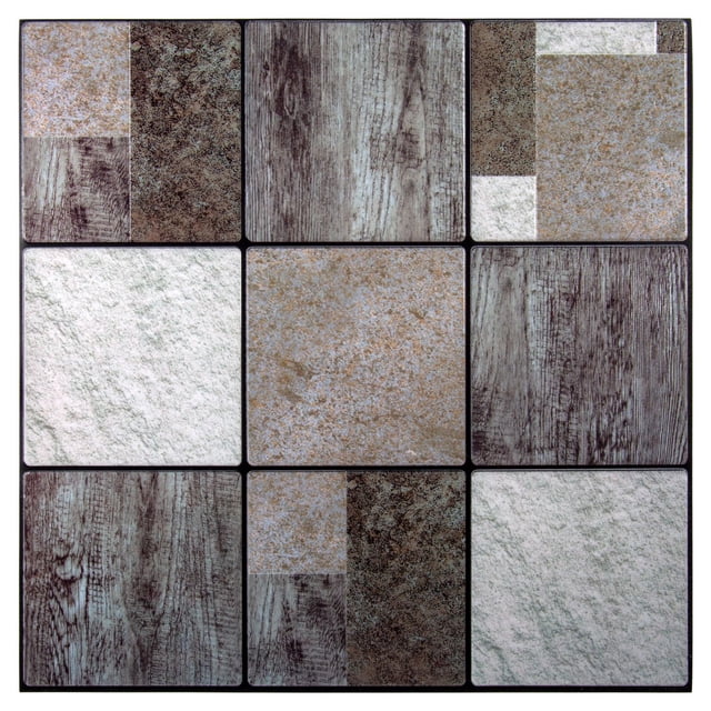 Truu Design Woodgrain Embossed Self-Adhesive Peel and Stick Wall Tiles arranged in a 3x3 grid of 10x10 inch squares featuring embossed woodgrain and stone textures in brown, gray, and off-white tones, designed for easy peel-and-stick application on flat, non-porous surfaces without grout.