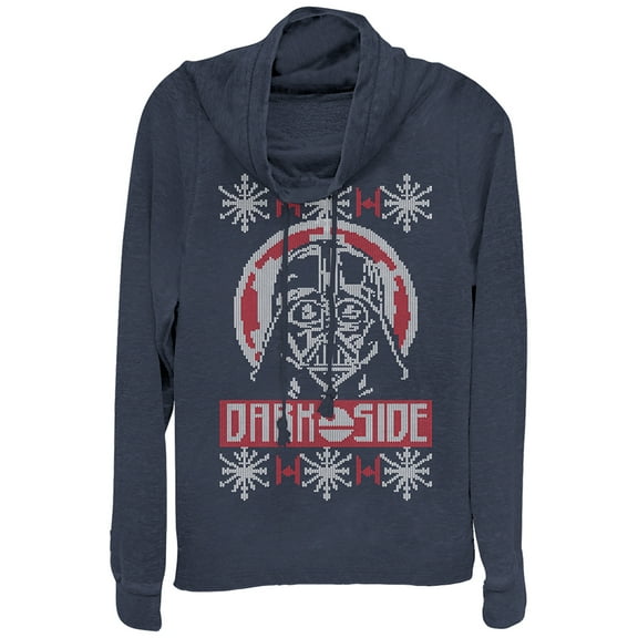 Junior's Star Wars Ugly Christmas Dark Side  Cowl Neck Sweatshirt Navy Blue 2X Large