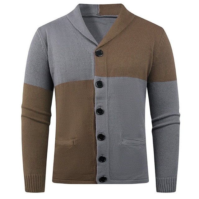 Lovzfmll Cardigan en Tricot à Blocs de Couleur pour Homme, Revers Cranté, devant Boutonné, Extensible, Gris, G