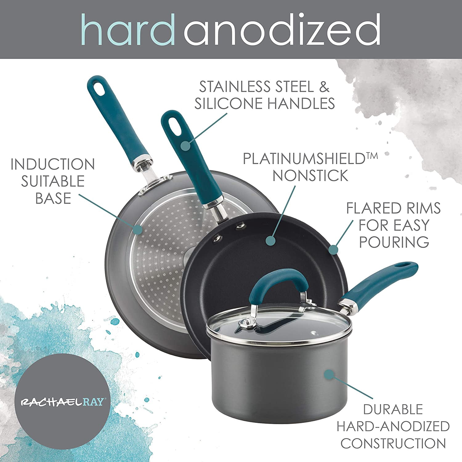Rachael Ray 11 Piece Create Delicious Nonstick Pots and Pans Set, Teal Handles