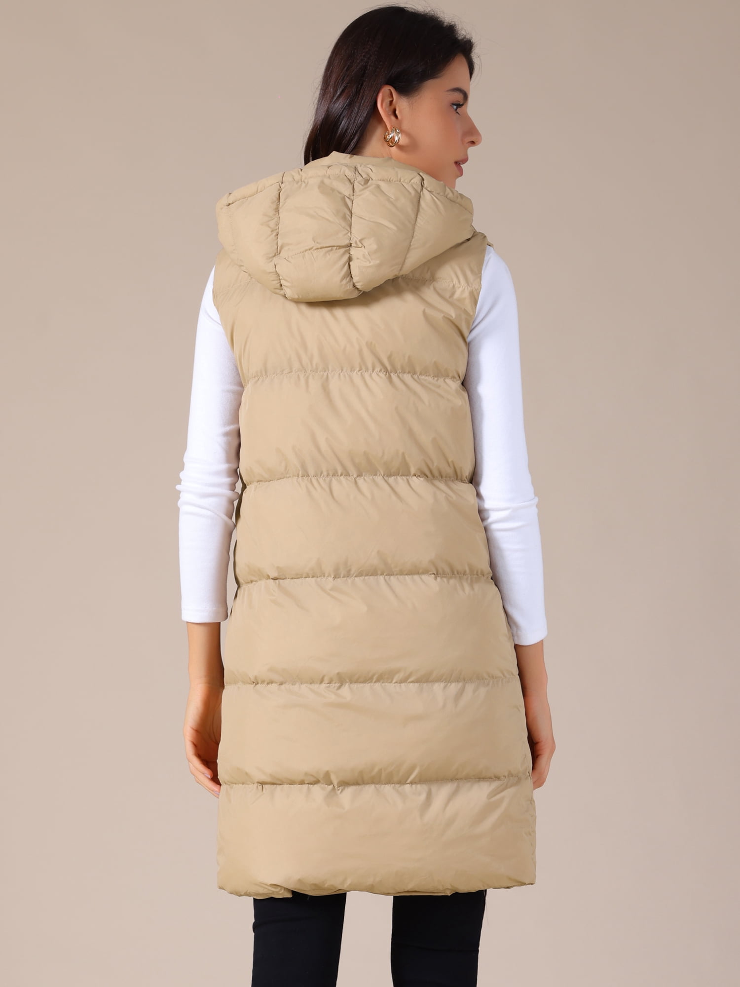 DARING DIVA Women's Long Puffer Vest Casual Sleeveless Hooded Down Jacket XL Khaki