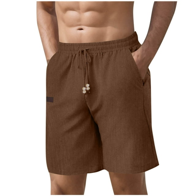 Summer Savings Clearance! Grrvtrz Mens Casual Beach Linen Shorts Drawstring Elastic Waist Comfy Solid Color Five Point Pants