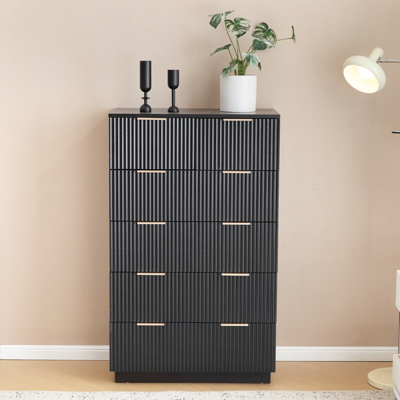 Five-Level Cabinet with Six Drawer, Black P2 Particle Board and Density Board Wavy Pattern Drawer