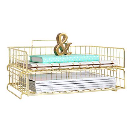 Blu Monaco Gold Desk Organizer Stackable Paper Tray Set of 2 - Metal