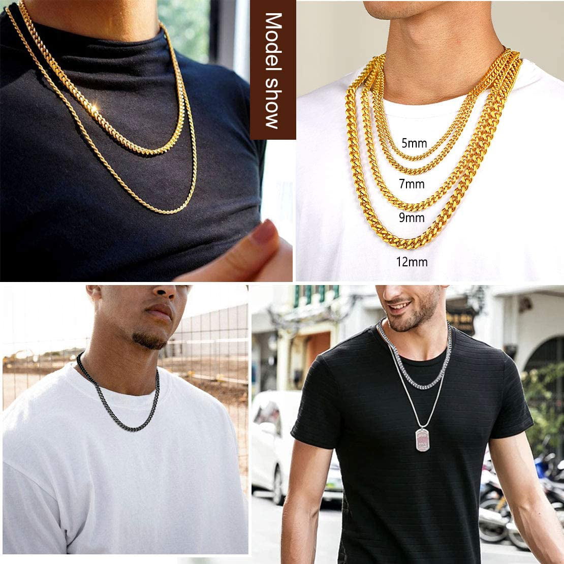 Men Curb Chain Necklace 18K Gold Plated/Stainless Steel/Black Chunky Double  Tight Cuban Link Hip Hop Neck Chains for Men Boys  3.5MM/5MM/6MM/7MM/9MM/12MM 14''-30'' 8 Length Options (Send Gift Box) -  Walmart.com