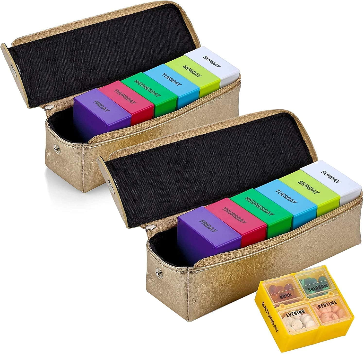 MEDca 2 Pack, Large 7 Day Weekly Pill Organizer Boxes Gold Leather Case